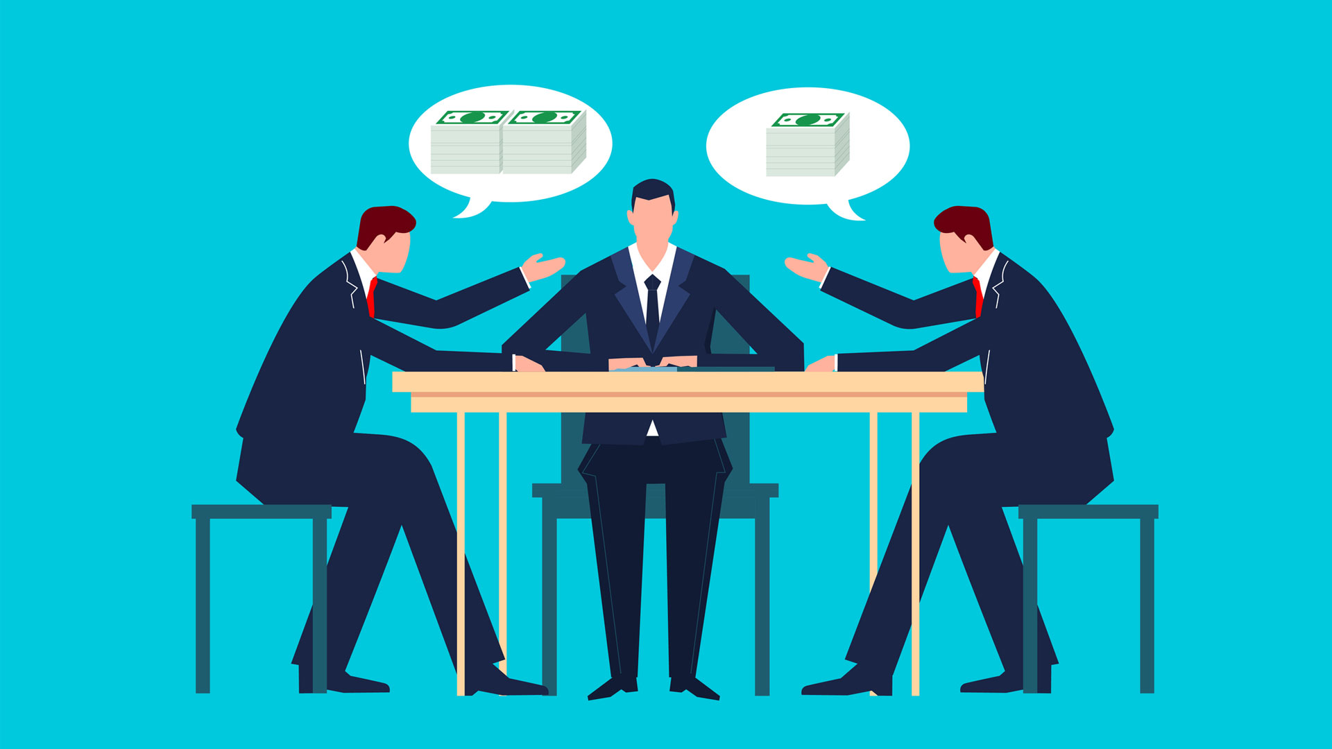 Aqua blue graphic three suited men at a table talking money